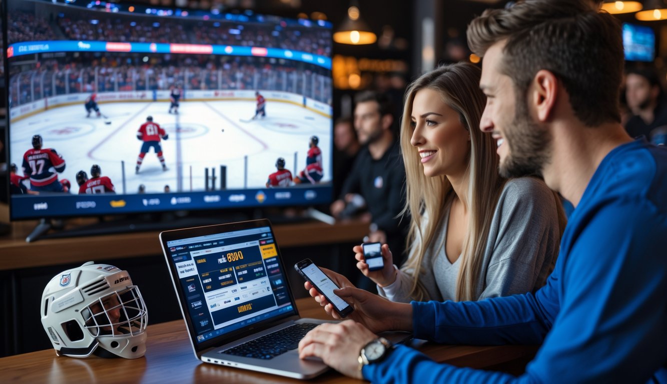Dua orang sedang melakukan taruhan langsung saat menonton pertandingan hoki NHL di televisi dengan laptop dan ponsel di sebuah ruangan yang nyaman.