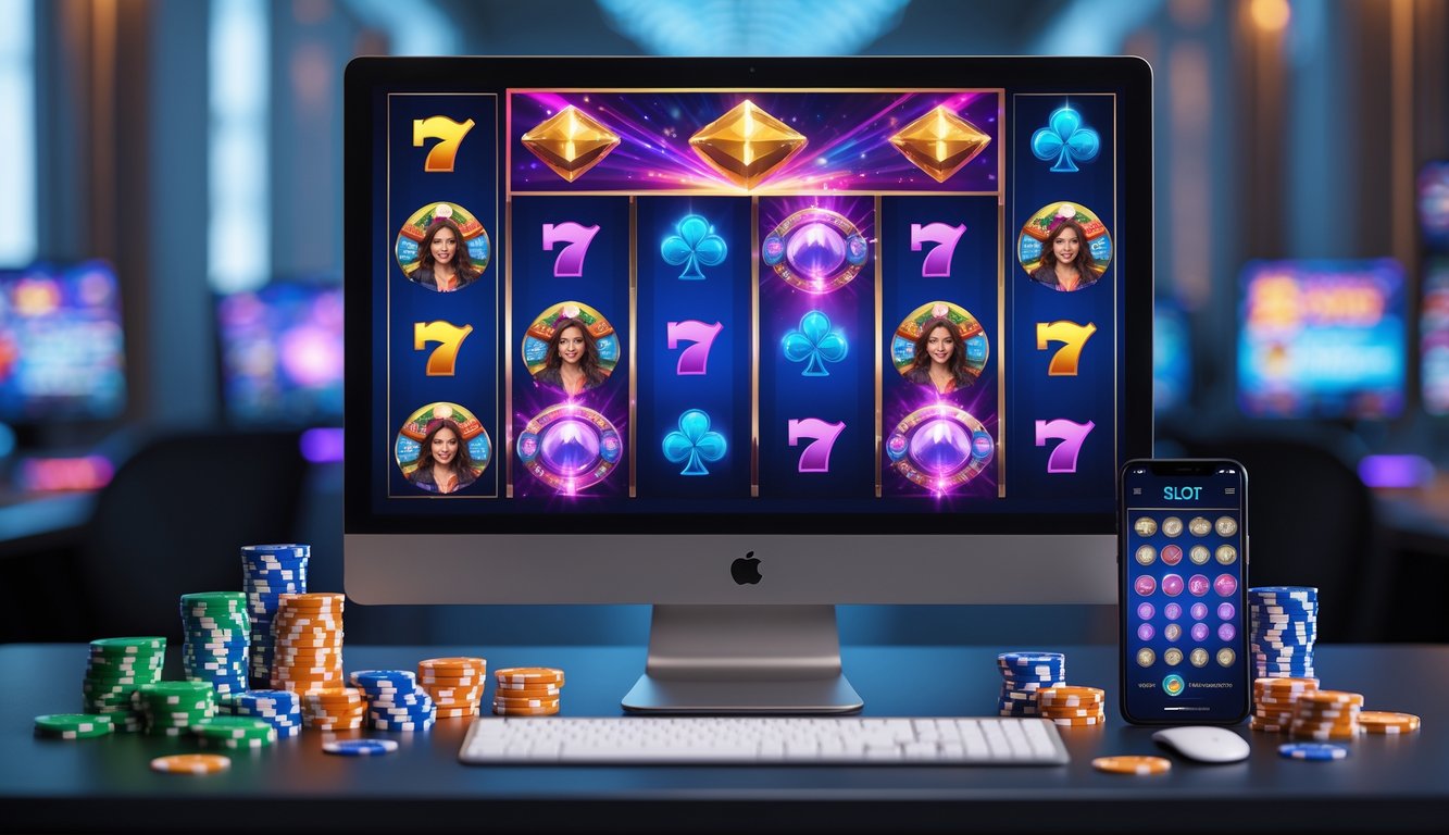 Sebuah meja kerja dengan komputer menampilkan permainan slot online berwarna-warni dan elemen permainan di sekitarnya.