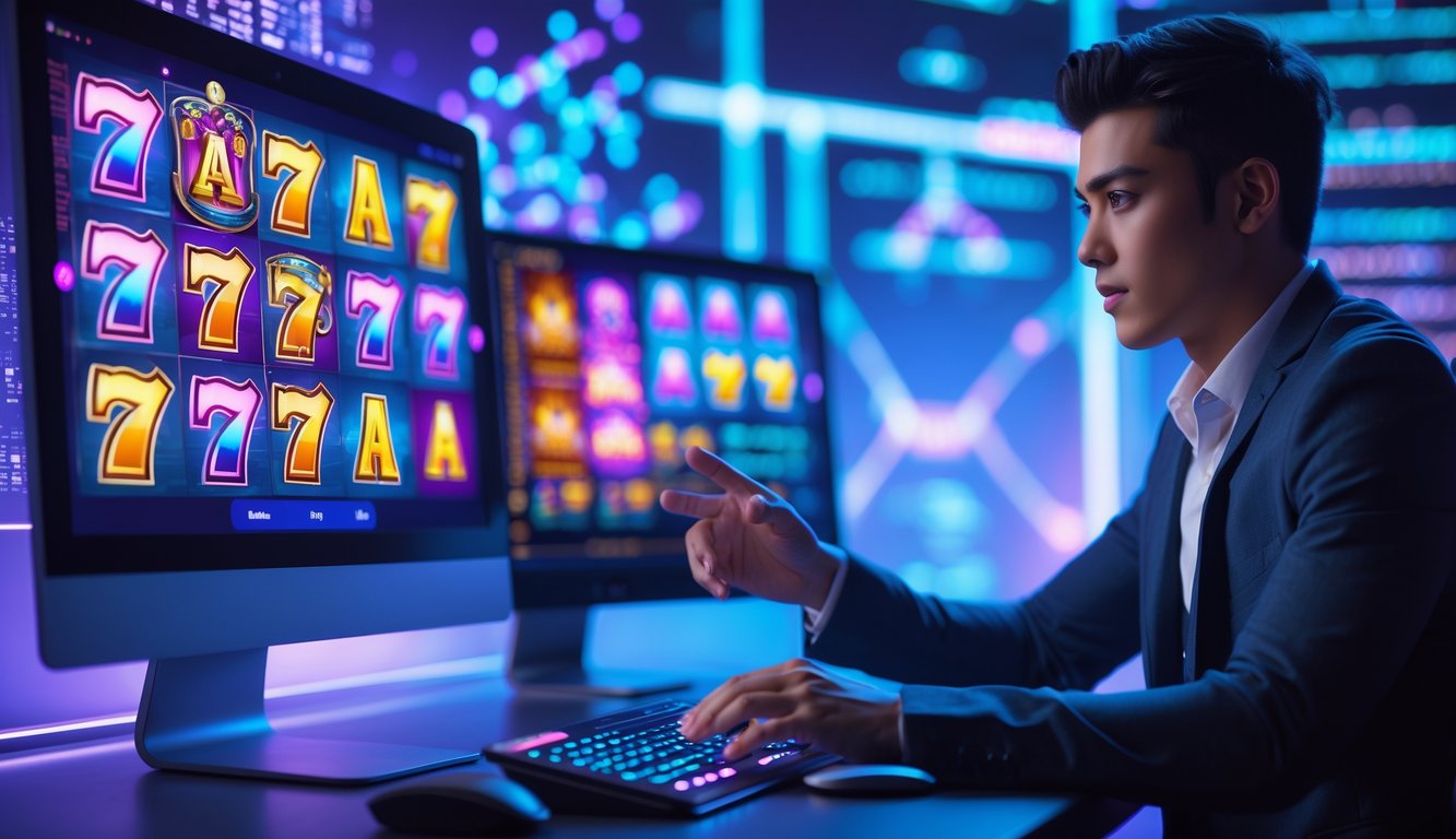 Seorang dewasa muda menggunakan komputer dan ponsel untuk bermain permainan slot online dengan latar belakang elemen digital abstrak.