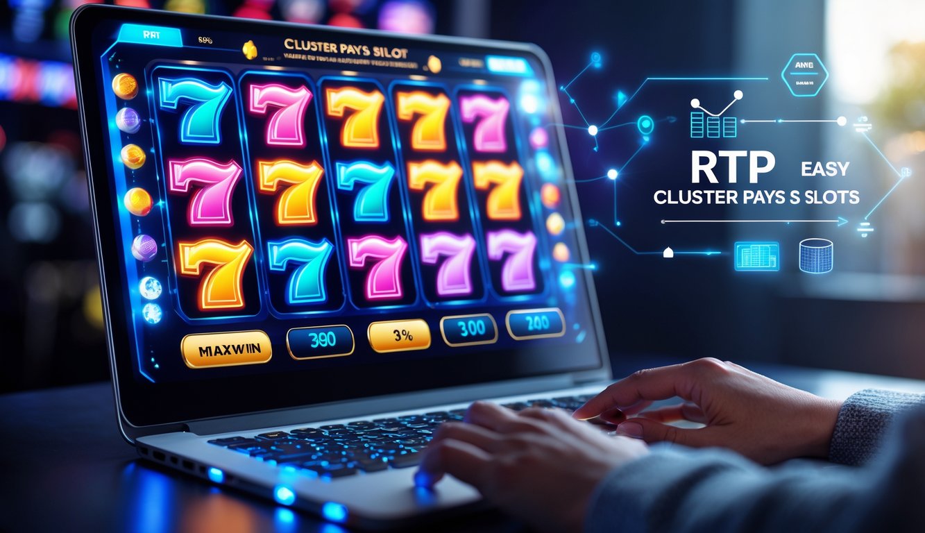 Seseorang sedang bermain permainan slot online dengan tampilan layar penuh simbol warna-warni dan grafik yang menunjukkan peluang kemenangan tinggi.