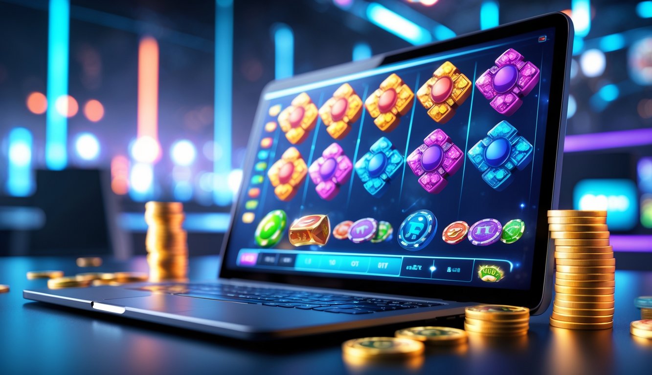 Layar perangkat menampilkan permainan slot online dengan simbol berkelompok di lingkungan teknologi modern.