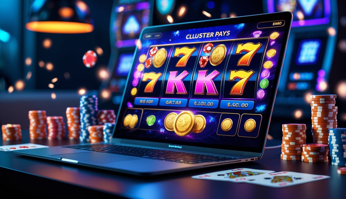 Sebuah komputer dengan layar menampilkan permainan slot online berwarna-warni di meja yang rapi dengan chip kasino dan kartu bermain di sekitarnya.
