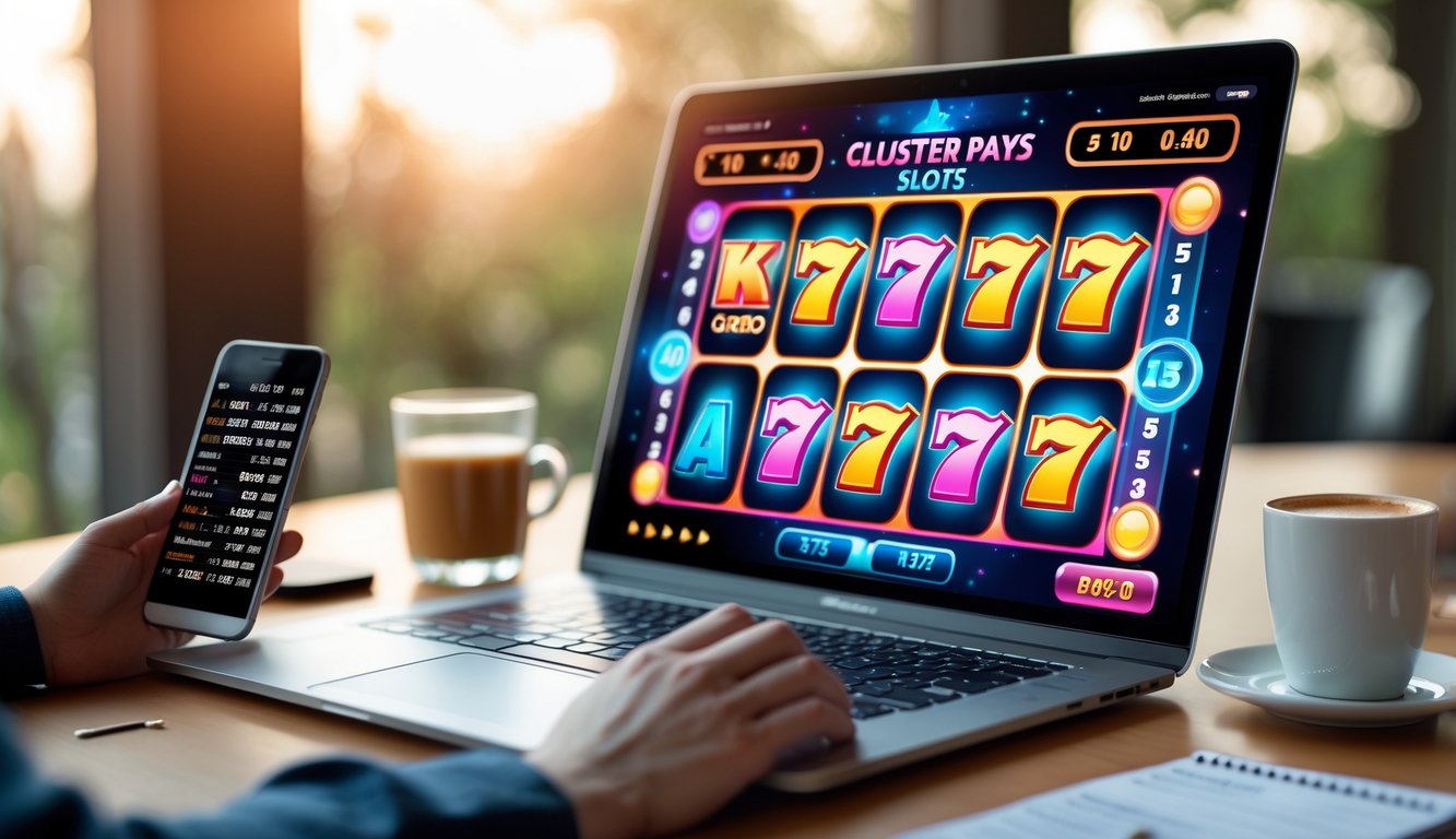 Seorang pemain sedang melihat layar komputer dengan permainan slot online Cluster Pays yang berwarna-warni dan simbol-simbol cluster yang menyala.