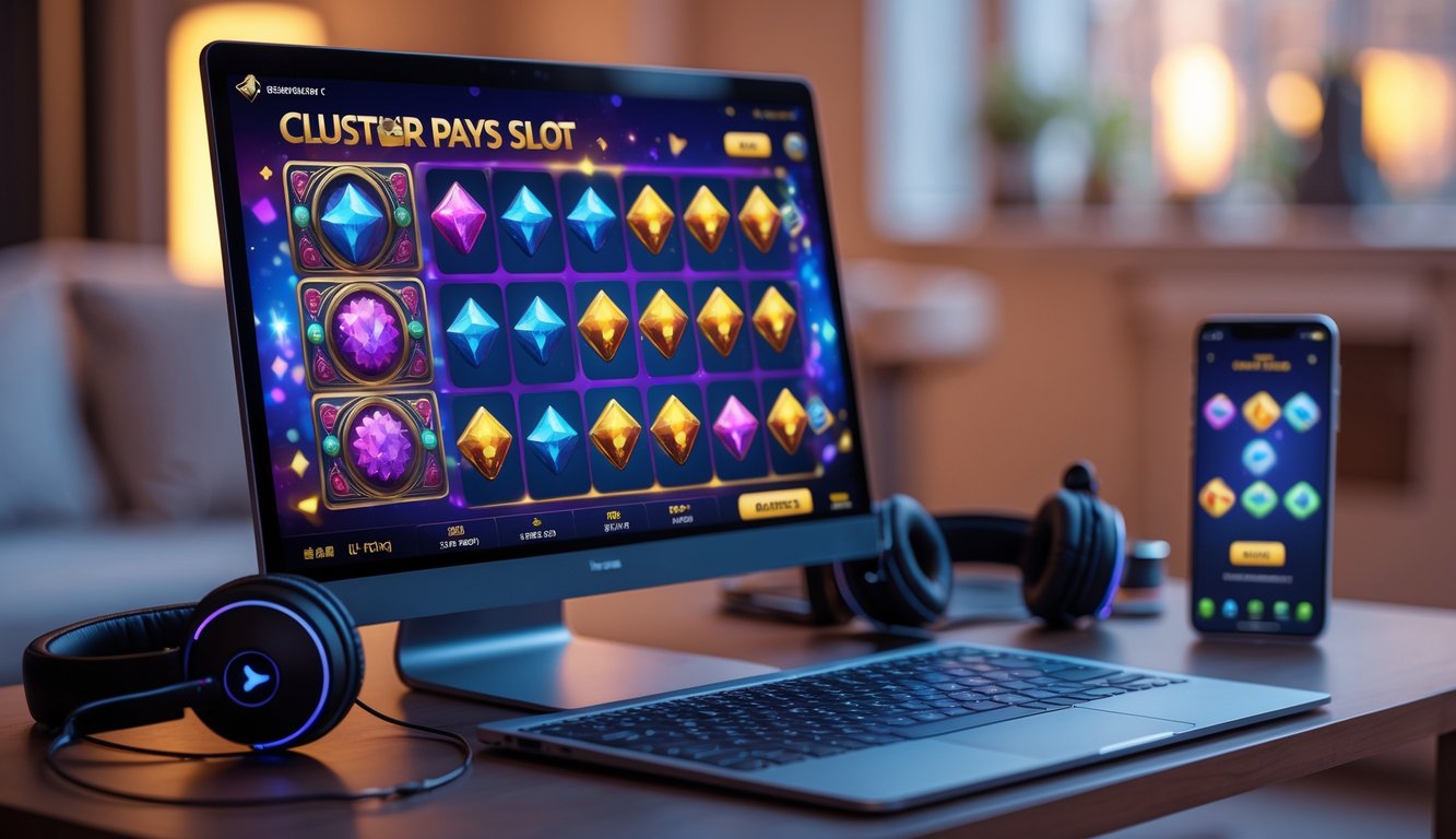 Seseorang bermain permainan slot online di komputer dengan tampilan permainan berwarna-warni di layar, di meja terdapat headphone dan ponsel, suasana nyaman di rumah.