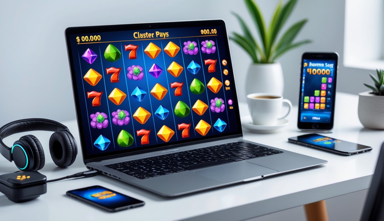 Sebuah ruang kerja modern dengan laptop yang menampilkan permainan slot online cluster pays, dikelilingi oleh aksesori gaming seperti headphone dan ponsel, di atas meja bersih dengan tanaman kecil dan cangkir kopi.