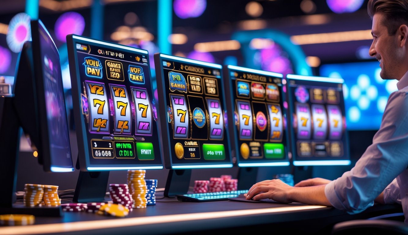 Seorang pengguna sedang bermain mesin slot online di komputer dengan tampilan layar penuh warna dan suasana kasino digital.