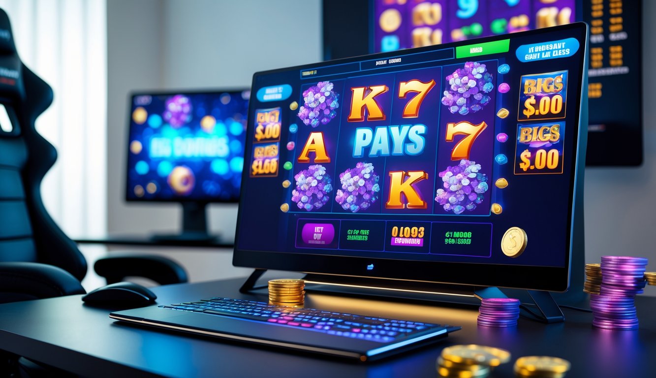 Sebuah setup permainan online dengan layar komputer menampilkan permainan slot cluster pays berwarna-warni dan simbol kemenangan, di atas meja modern dengan kursi gaming dan pencahayaan yang menarik.