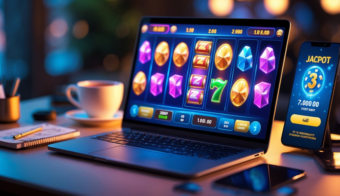 Seorang pemain menggunakan laptop dengan permainan slot cluster pays yang berwarna-warni di layar, dikelilingi oleh catatan dan ponsel yang menunjukkan notifikasi jackpot.