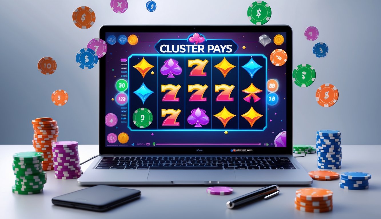 Seorang pemain sedang bermain slot online dengan tampilan layar menampilkan simbol-simbol cluster yang berwarna-warni di depan laptop di meja kerja yang rapi.