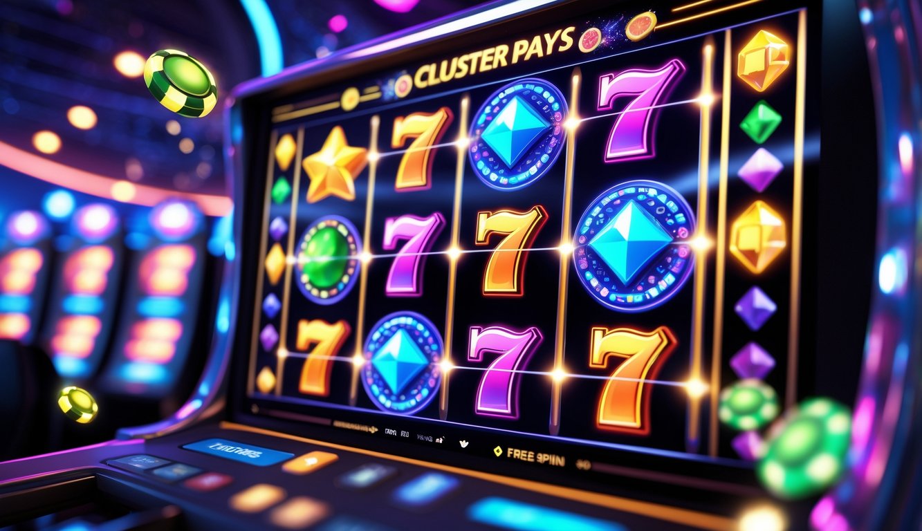 Tampilan mesin slot online dengan simbol warna-warni dan latar belakang kasino digital modern yang menampilkan fitur putaran gratis.