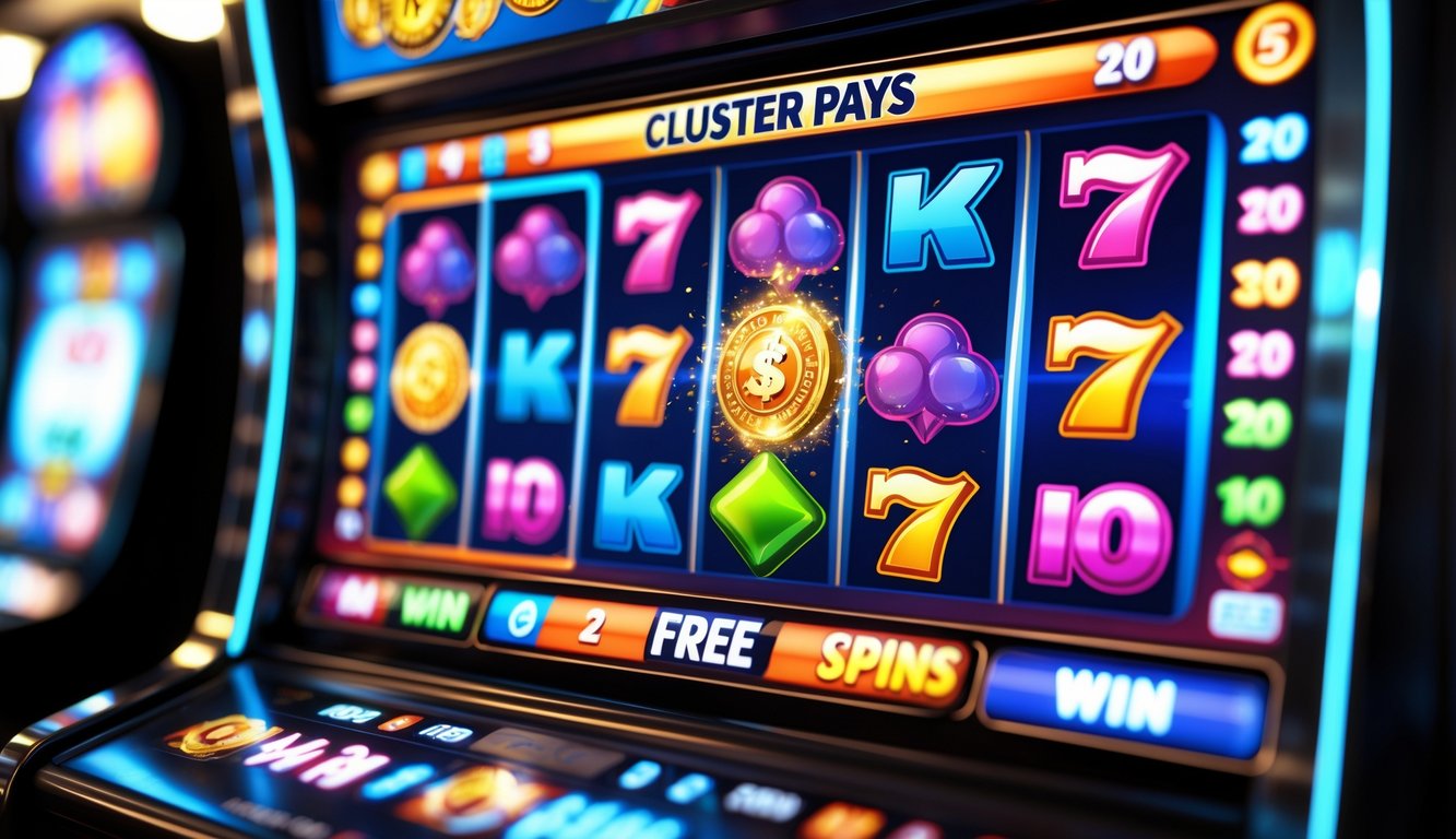 Tampilan layar permainan slot online dengan simbol warna-warni yang membentuk kelompok, menampilkan fitur putaran gratis dan suasana kemenangan yang meriah.