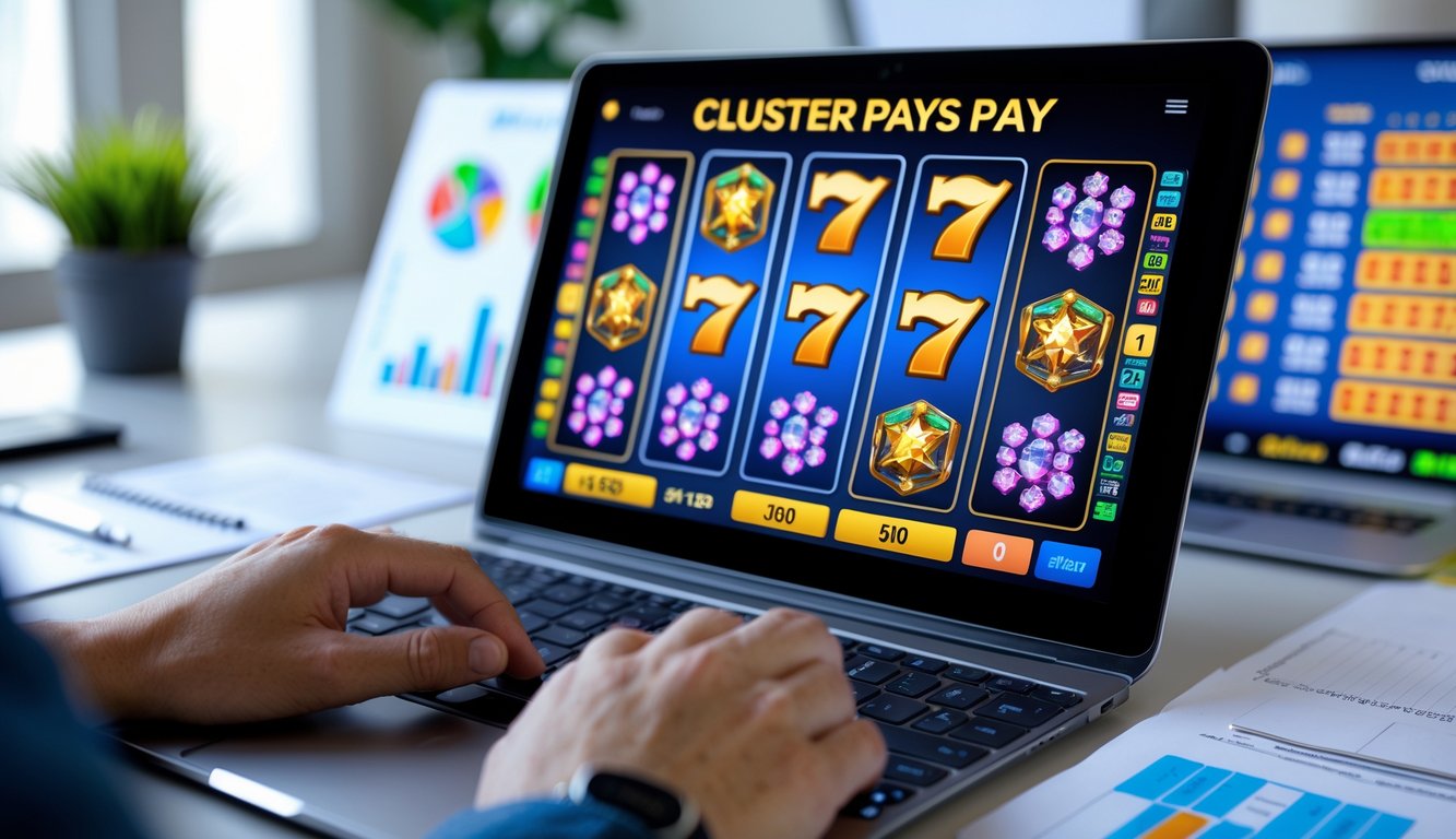 Seorang pengguna sedang menganalisis pola permainan slot online di depan komputer di ruang kerja yang terang.