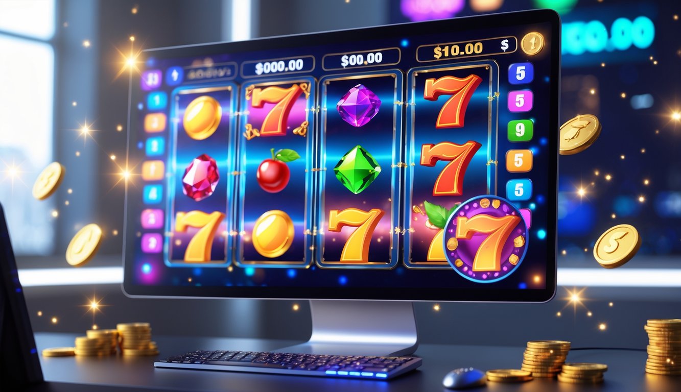 Tampilan layar komputer modern yang menunjukkan permainan slot online dengan simbol warna-warni dan koin bersinar di sekitarnya.