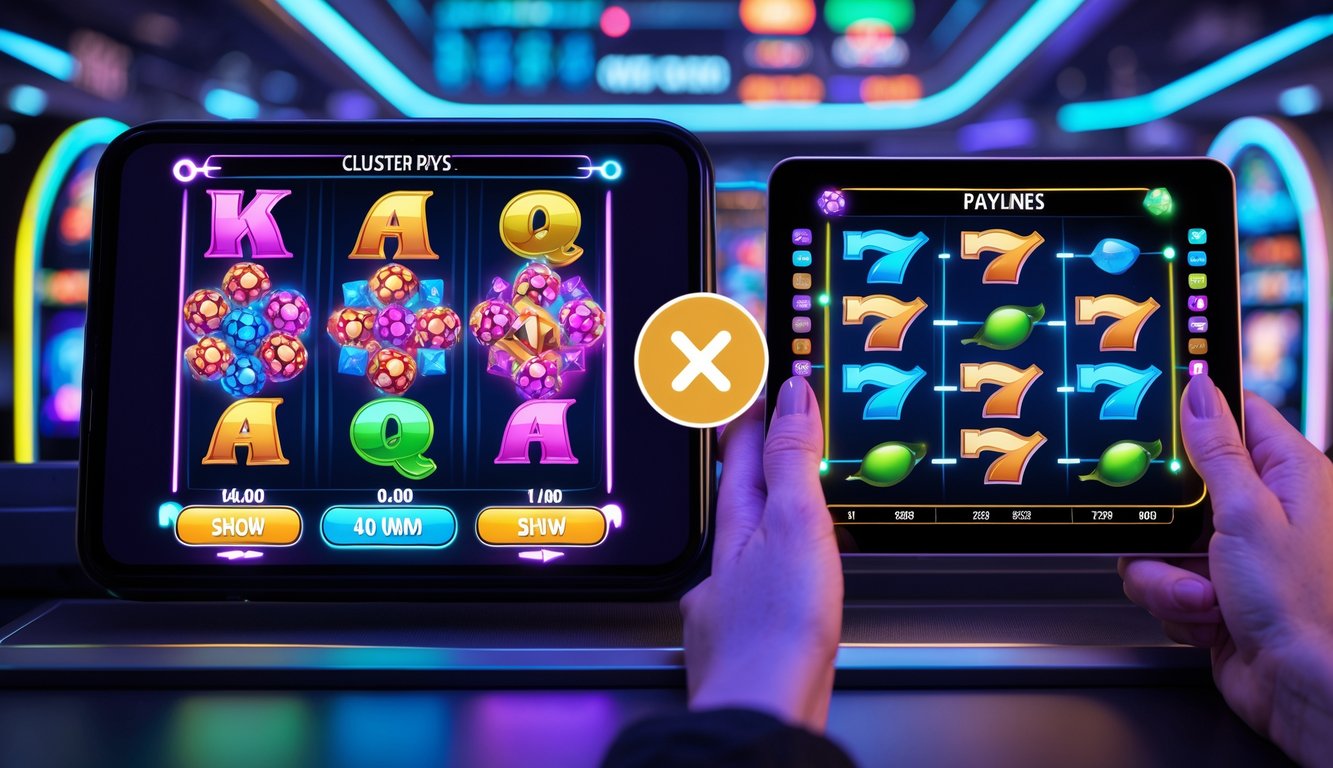 Dua layar mesin slot online berdampingan, satu menampilkan simbol cluster yang saling terhubung, satu lagi menampilkan gulungan dengan garis pembayaran, di latar belakang suasana kasino digital modern.