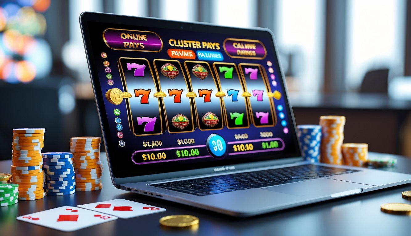 Seorang pemain sedang menggunakan komputer dengan tampilan permainan slot online di layar, dikelilingi oleh chip poker dan koin di atas meja.