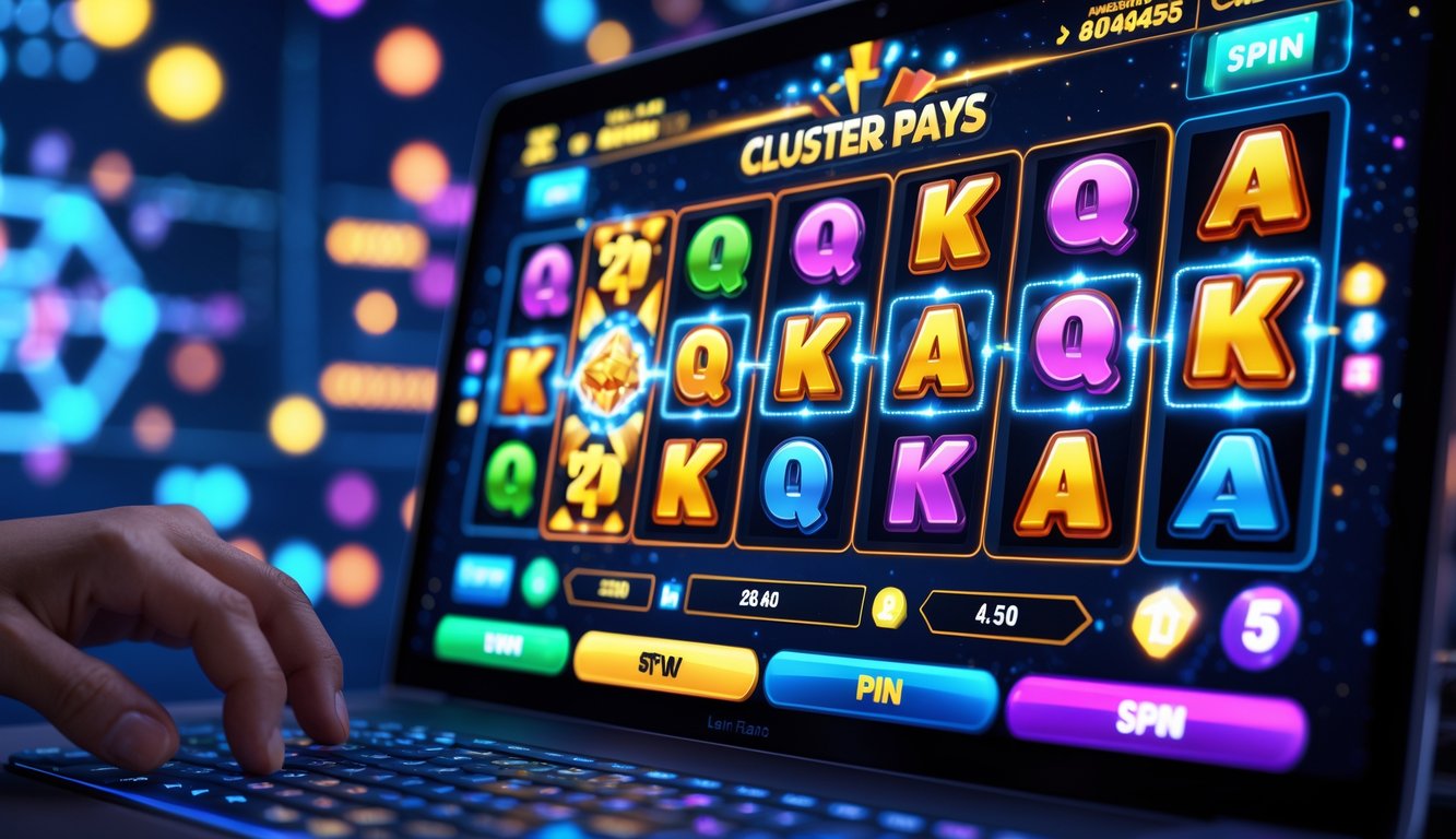 Seorang pemain menggunakan laptop untuk bermain permainan slot online dengan simbol berwarna-warni yang membentuk pola cluster di layar.
