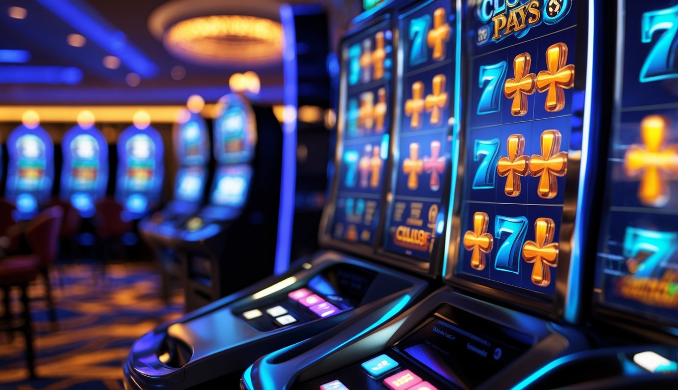 Layar mesin slot digital dengan simbol warna-warni yang tersusun dalam pola scatter, di latar belakang suasana kasino yang samar.