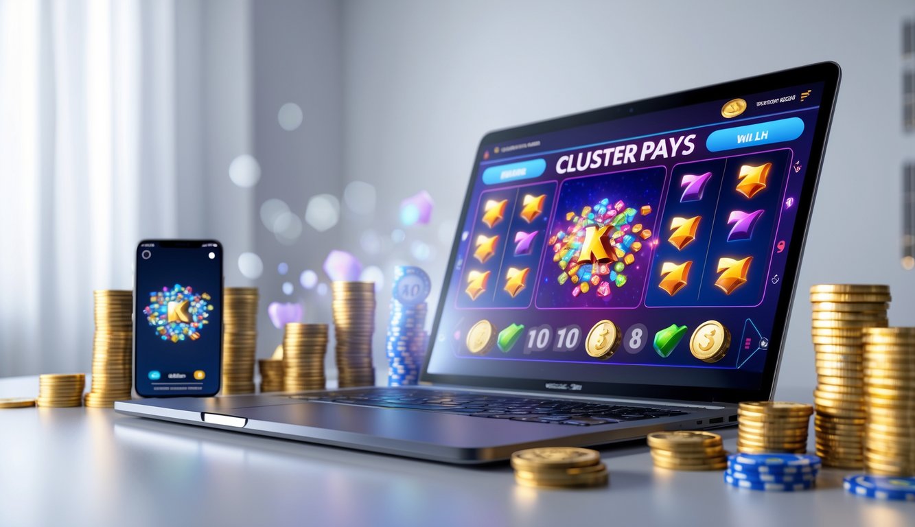 Sebuah meja dengan komputer menampilkan permainan slot online dengan simbol warna-warni dan koin digital di sekitarnya.