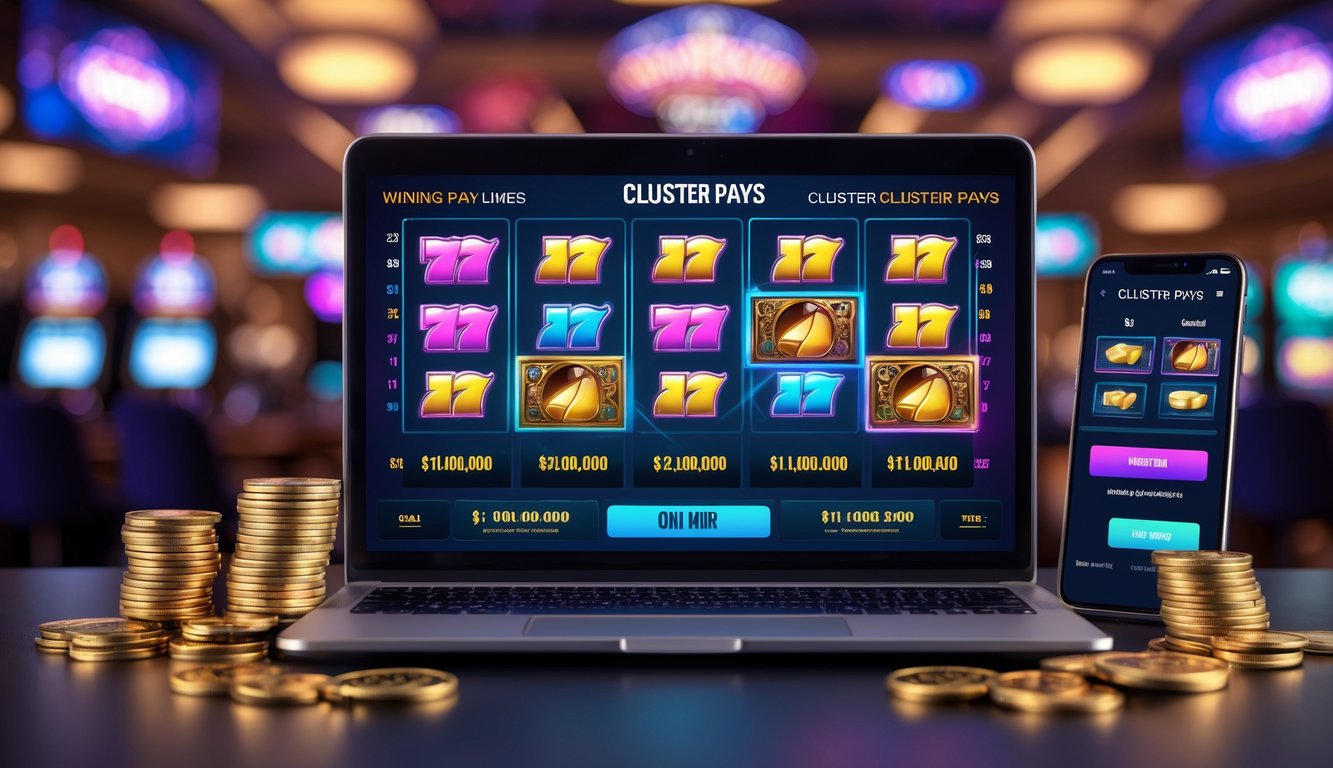 Seorang pemain menggunakan laptop dan smartphone untuk bermain game slot online dengan tumpukan chip dan koin di meja.