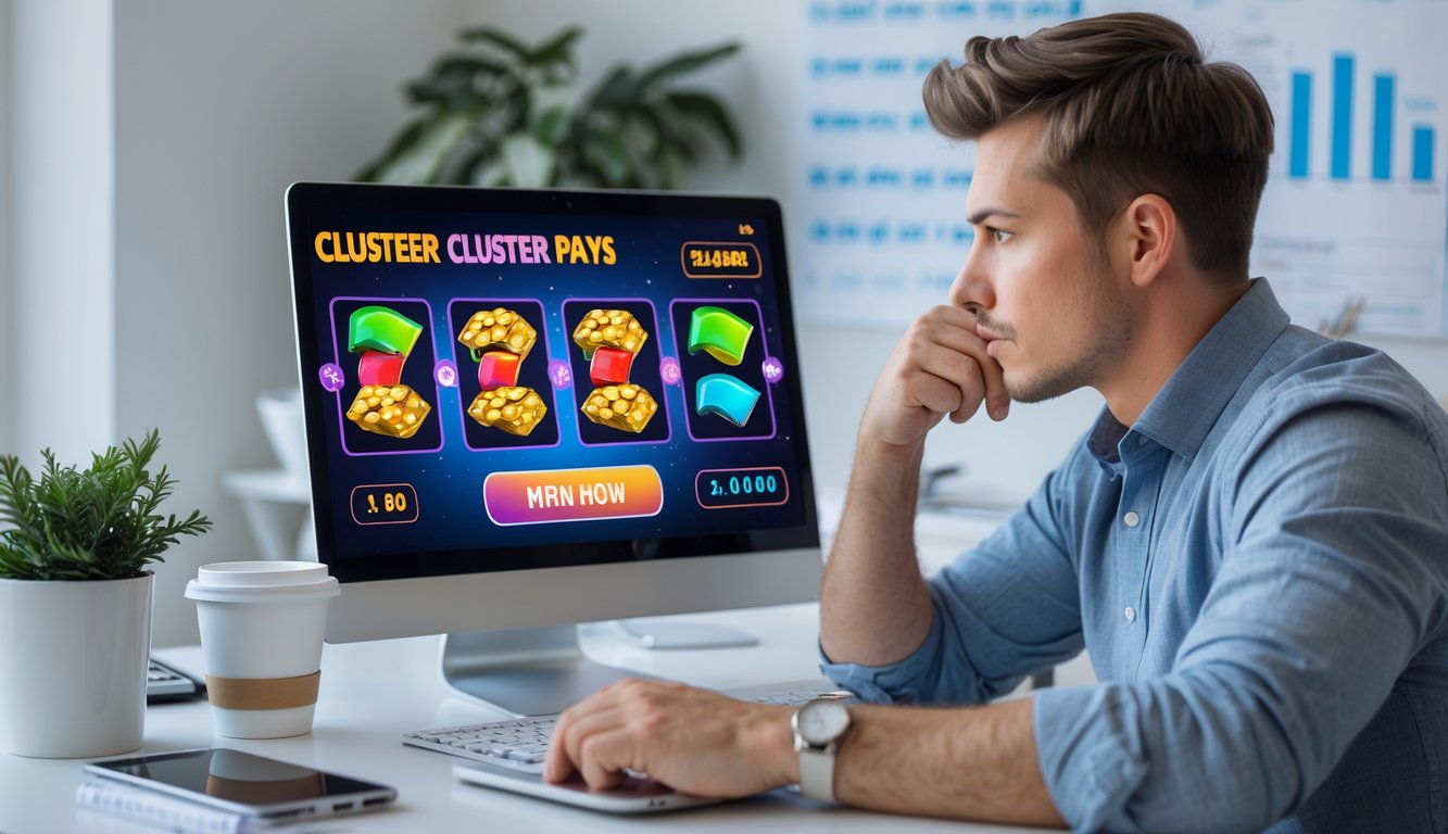 Seorang pria muda duduk di meja kerja dengan laptop yang menampilkan permainan slot online, tampak fokus dan serius merencanakan modal bermain.