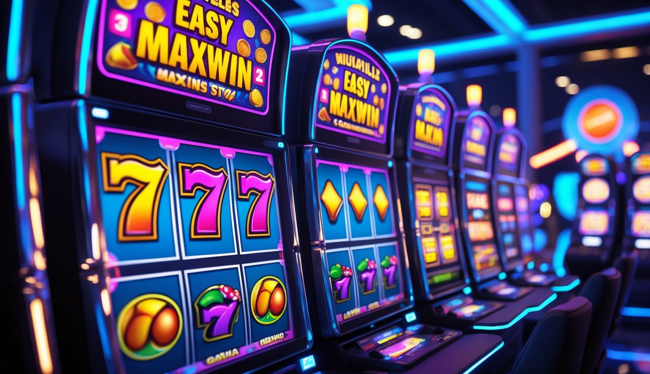 Beberapa mesin slot online digital yang menampilkan simbol warna-warni dan efek cahaya yang menunjukkan fitur multiplier besar dan kemenangan besar.