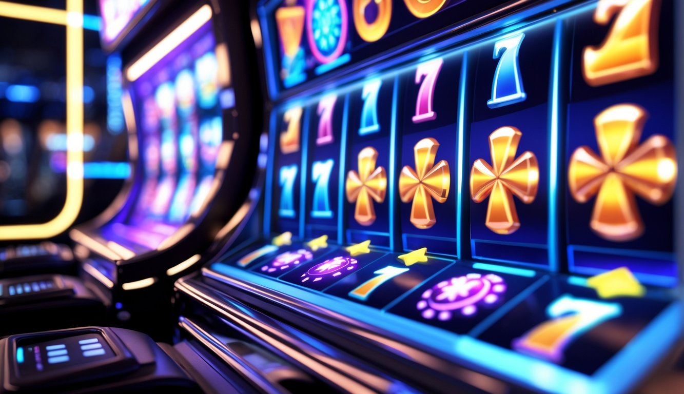 Layar mesin slot digital dengan simbol warna-warni yang membentuk kelompok, menampilkan fitur pengganda besar dalam suasana permainan yang modern dan menarik.