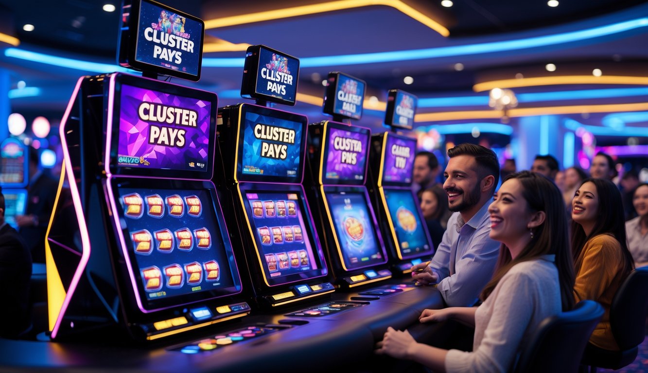 Suasana kasino online modern dengan pemain yang sedang bermain mesin slot digital yang ramai dan penuh warna.