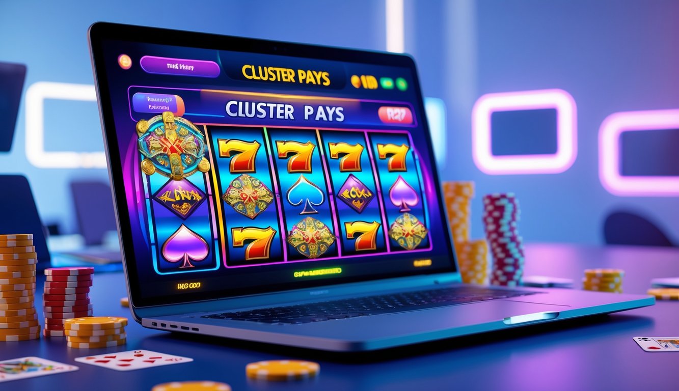 Seorang pemain menggunakan laptop dengan tampilan permainan slot online cluster pays yang berwarna-warni dan menarik.