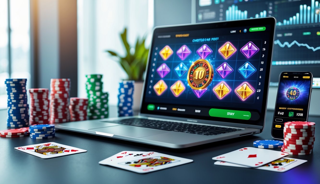 Meja kerja modern dengan laptop yang menampilkan permainan slot online dan beberapa chip poker serta kartu bermain di sekitarnya.