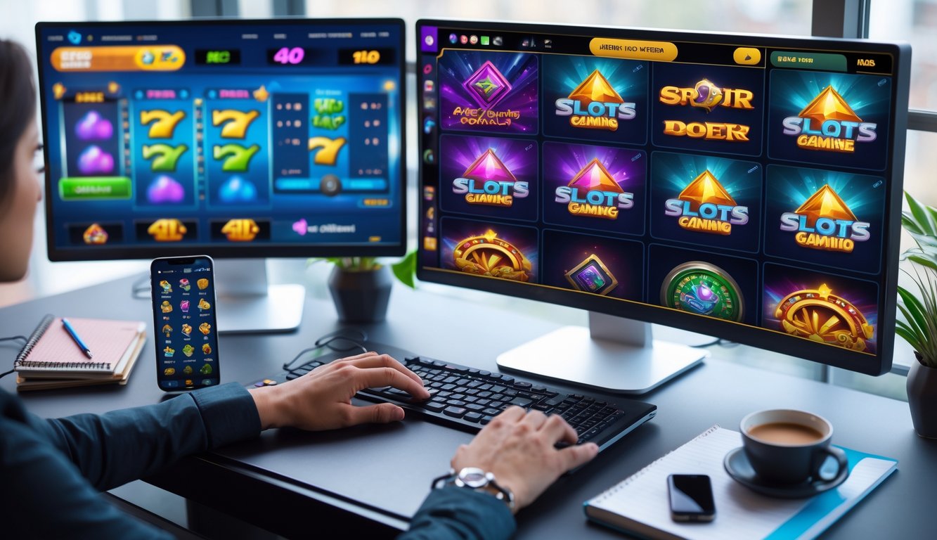 Meja kerja dengan komputer yang menampilkan permainan slot online cluster pays, tangan seseorang sedang menggunakan keyboard dan mouse.