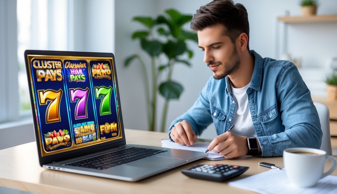 Seorang pria muda duduk di depan laptop sambil mengelola keuangan dan bermain permainan slot online di ruang kerja yang terang.