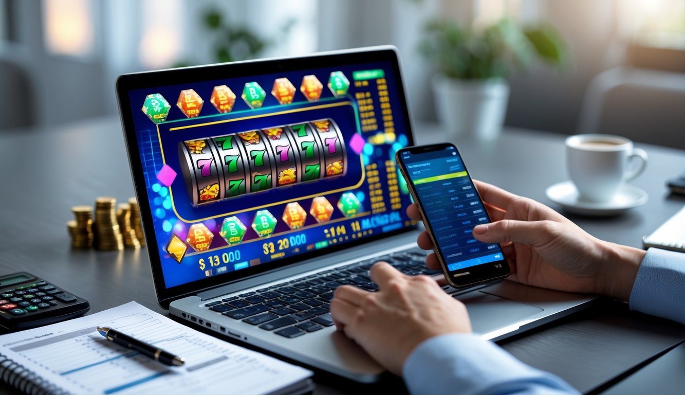 Seorang pria bekerja di meja dengan laptop dan ponsel yang menampilkan permainan slot online serta grafik keuangan di layar.