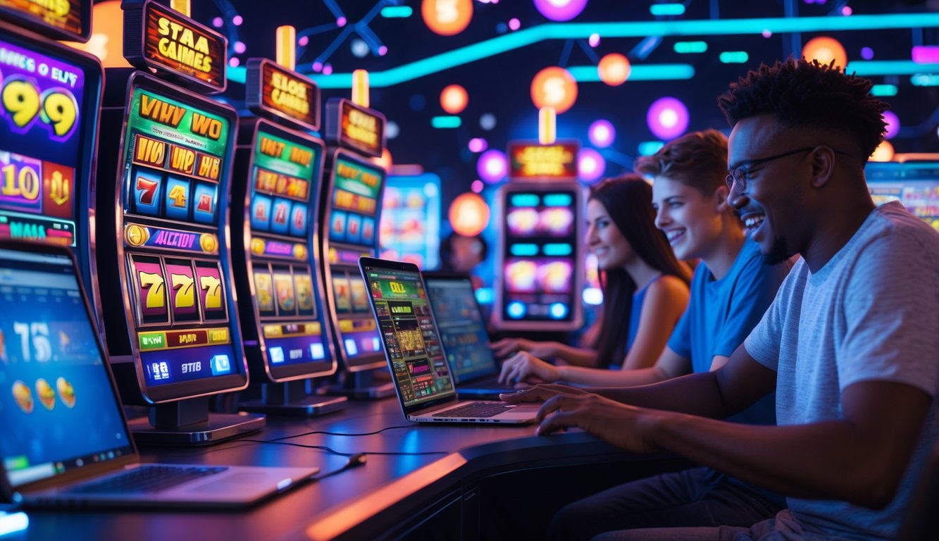 Beberapa orang muda sedang bermain mesin slot online di ruangan dengan layar digital berwarna-warni dan pencahayaan neon.