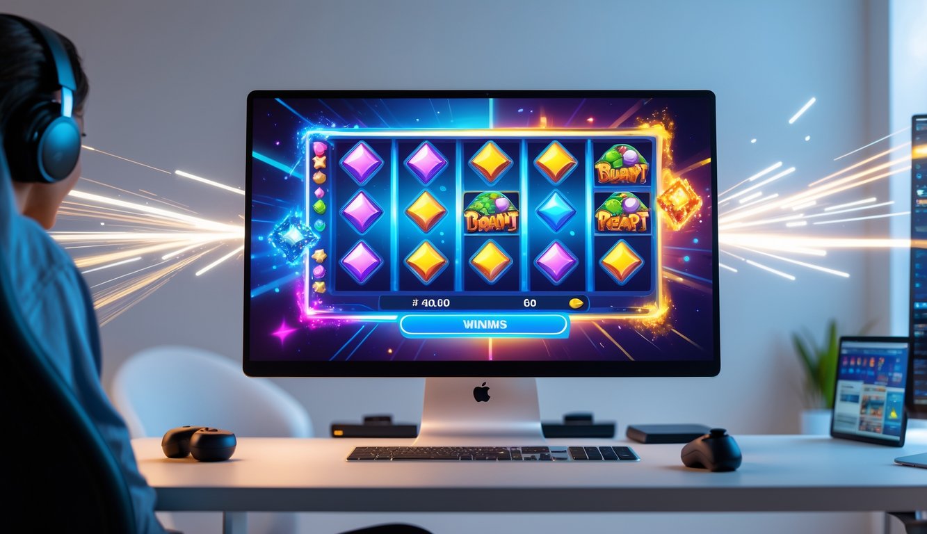 Seorang pemain sedang menggunakan komputer dengan tampilan permainan slot online yang menampilkan simbol-simbol warna-warni dan animasi kemenangan di layar.