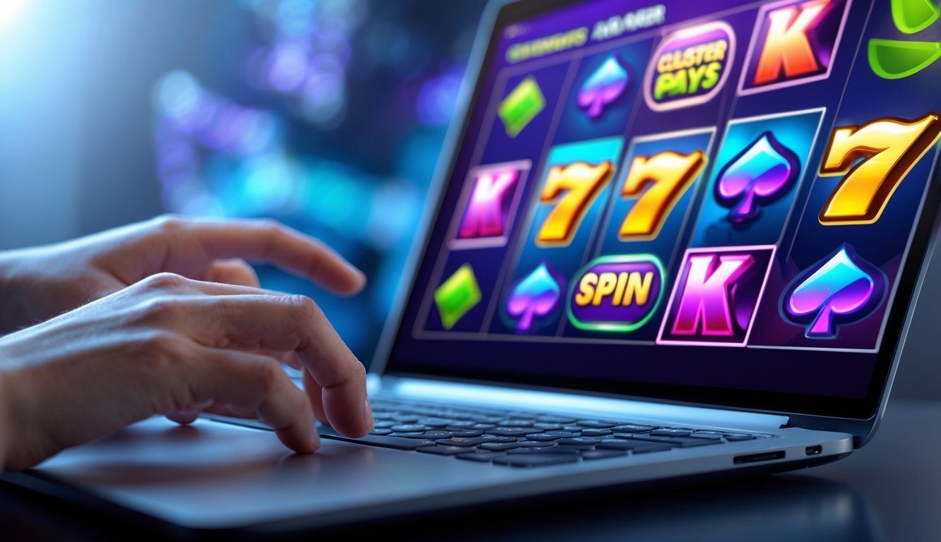 Seorang pemain menggunakan komputer untuk bermain slot online dengan tampilan permainan cluster pays di layar.