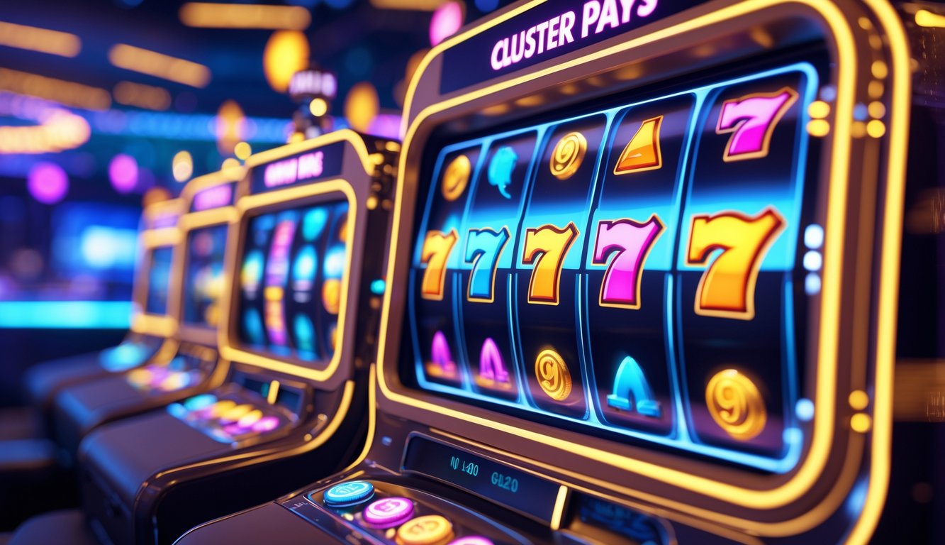 Layar mesin slot online dengan simbol warna-warni yang membentuk kelompok, dikelilingi oleh koin berkilau dan efek cahaya di latar kasino gelap.