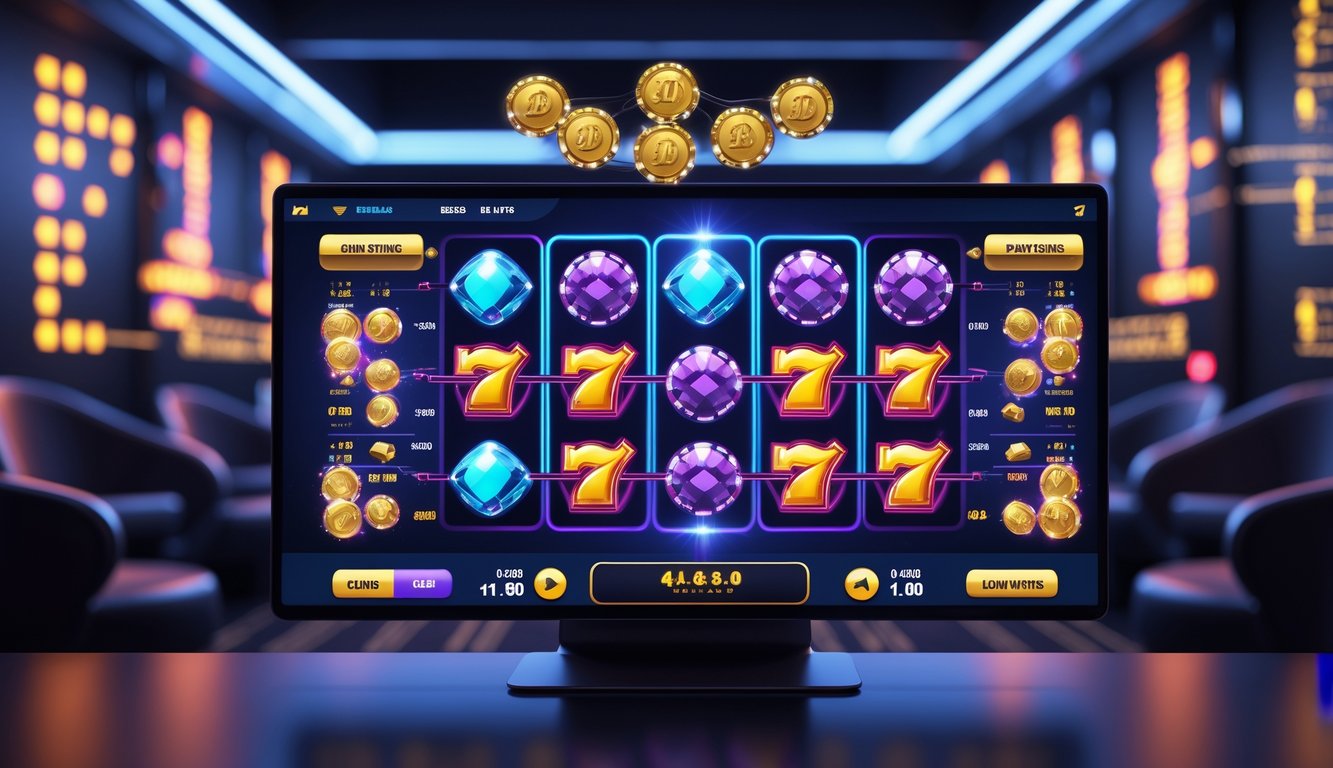 Sebuah layar komputer menampilkan permainan slot online dengan simbol-simbol yang dikelompokkan, dikelilingi oleh grafik dan diagram yang menunjukkan pola kemenangan.