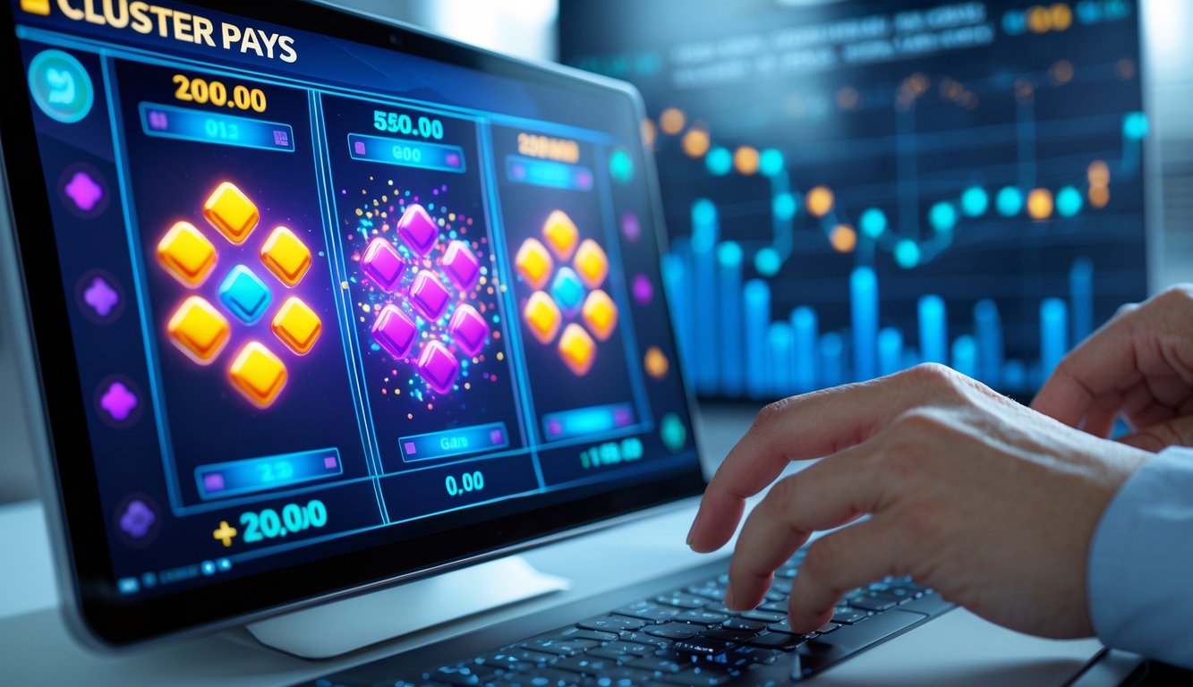 Tampilan antarmuka mesin slot online dengan simbol berwarna yang terhubung membentuk kelompok, menunjukkan sistem pembayaran cluster, dengan tangan pengguna yang menyentuh layar sentuh.