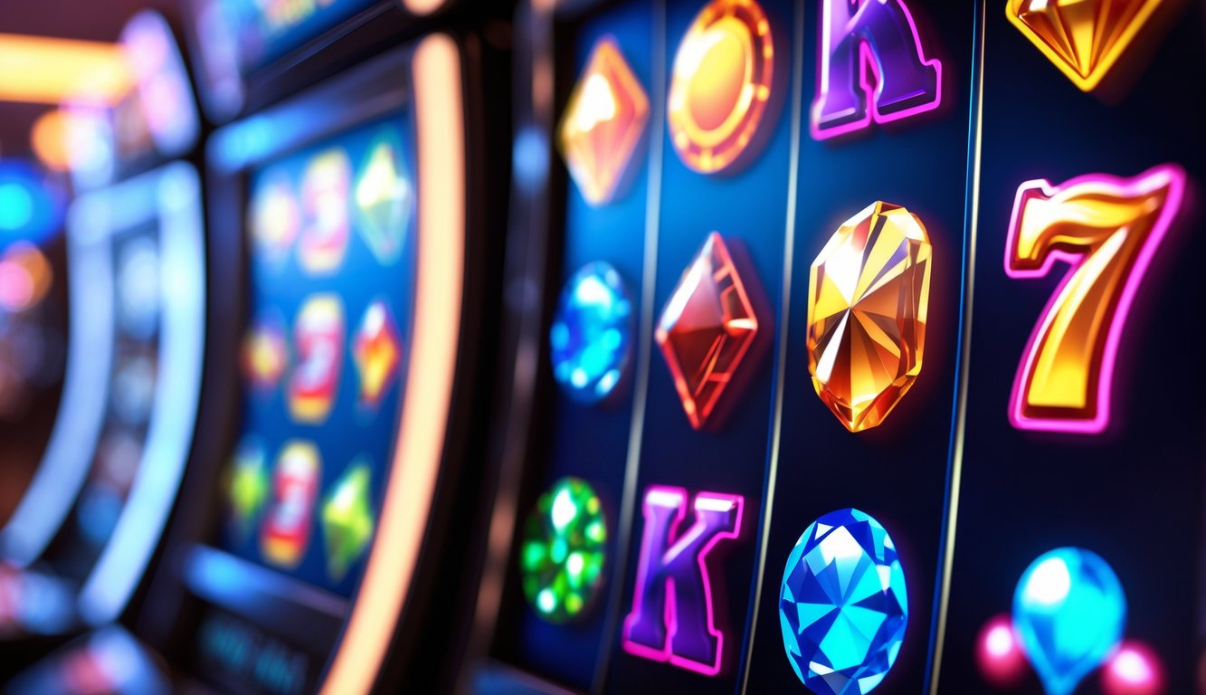 Tampilan dekat mesin slot online dengan simbol warna-warni yang tersusun dalam pola cluster pays.