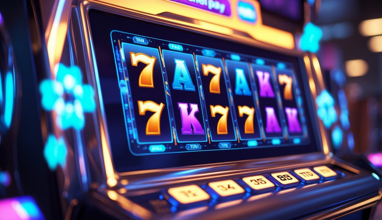 Mesin slot digital dengan simbol warna-warni yang tersusun dalam pola klaster, menampilkan suasana permainan slot online yang menarik.