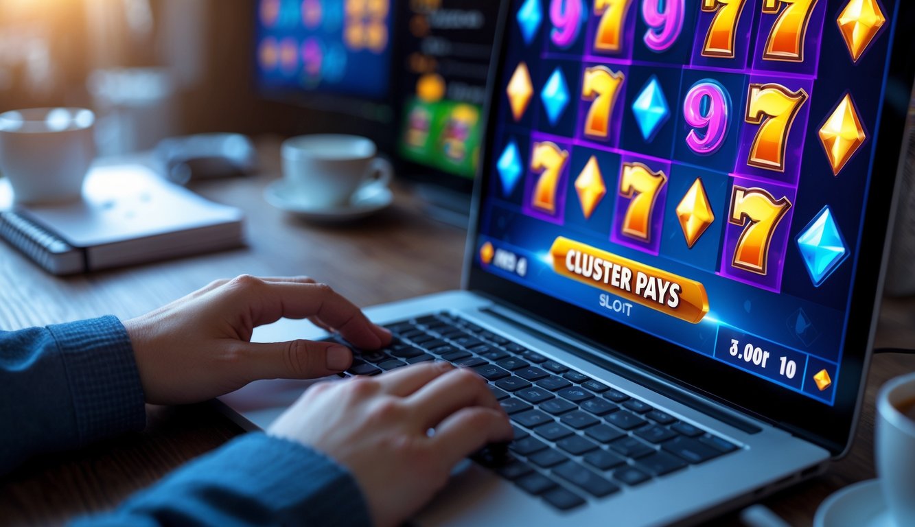 Seorang pemain menggunakan laptop dengan tampilan permainan slot online berwarna-warni di layar, di meja kerja yang rapi dengan catatan dan secangkir kopi.