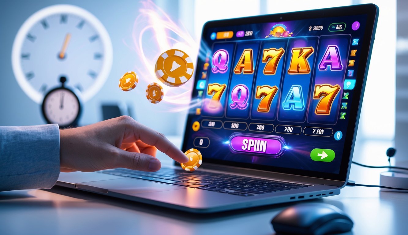 Seorang pemain sedang bermain slot online dengan cepat menggunakan komputer, menampilkan permainan slot cluster pays dengan simbol warna-warni dan suasana yang fokus dan penuh semangat.