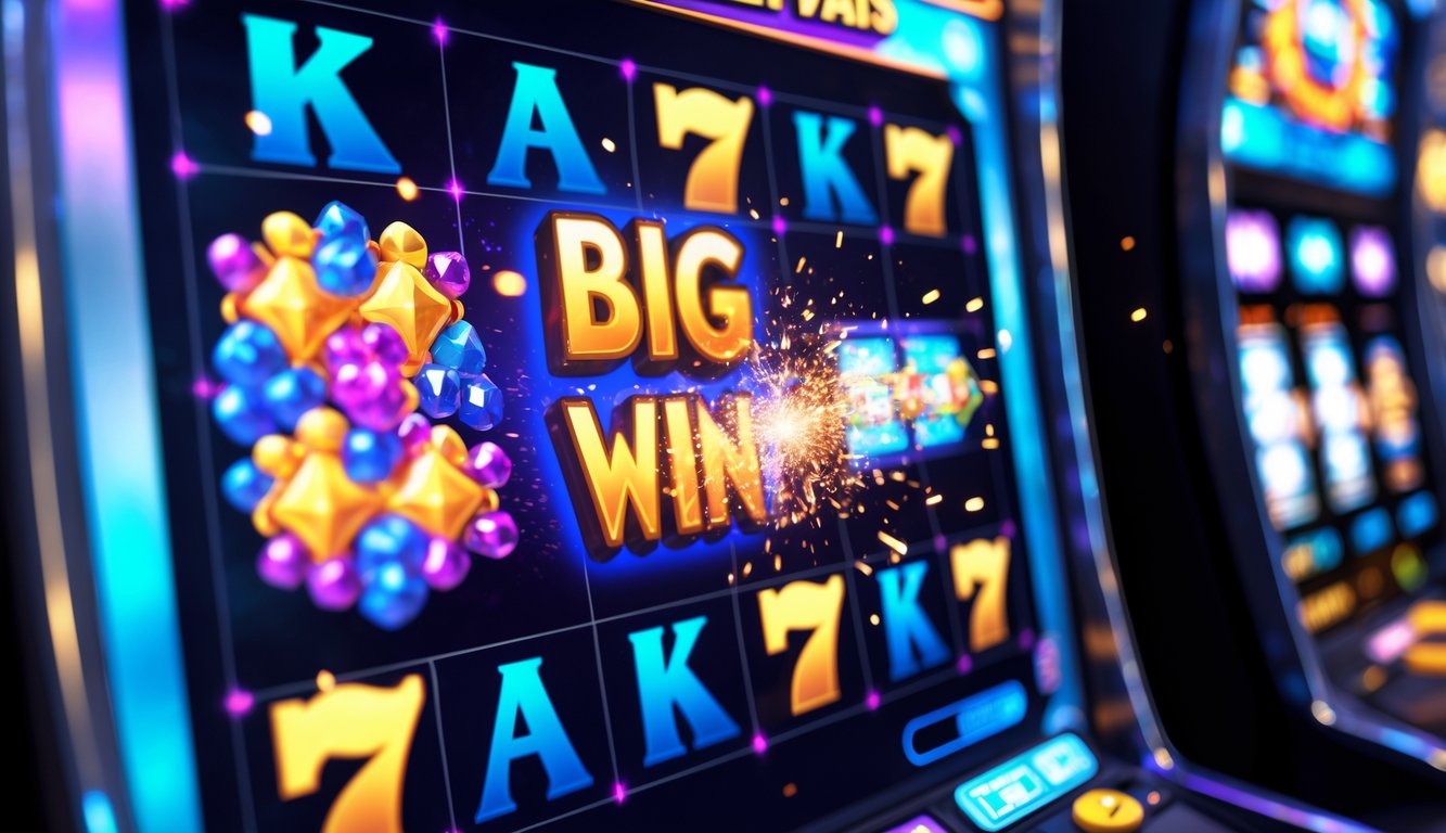 Tampilan layar permainan slot online dengan simbol-simbol berwarna yang membentuk kelompok, menunjukkan momen kemenangan besar di awal permainan.