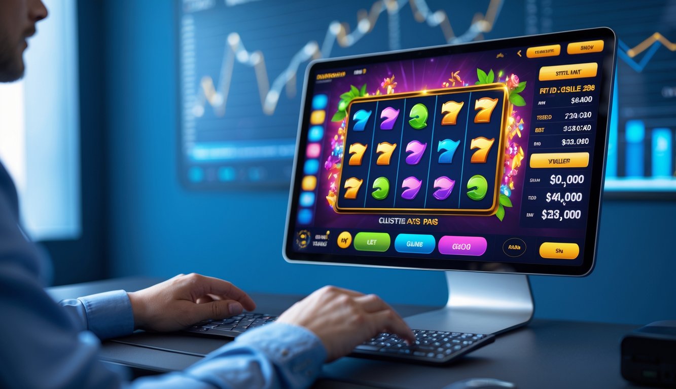 Seorang pemain menggunakan komputer dengan tampilan permainan slot online berwarna-warni di layar, dikelilingi oleh elemen yang menunjukkan stabilitas dan keandalan.