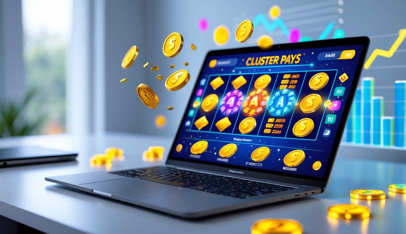 Seorang pengguna sedang bermain slot online di laptop dengan simbol cluster pays dan grafik RTP stabil di latar belakang.