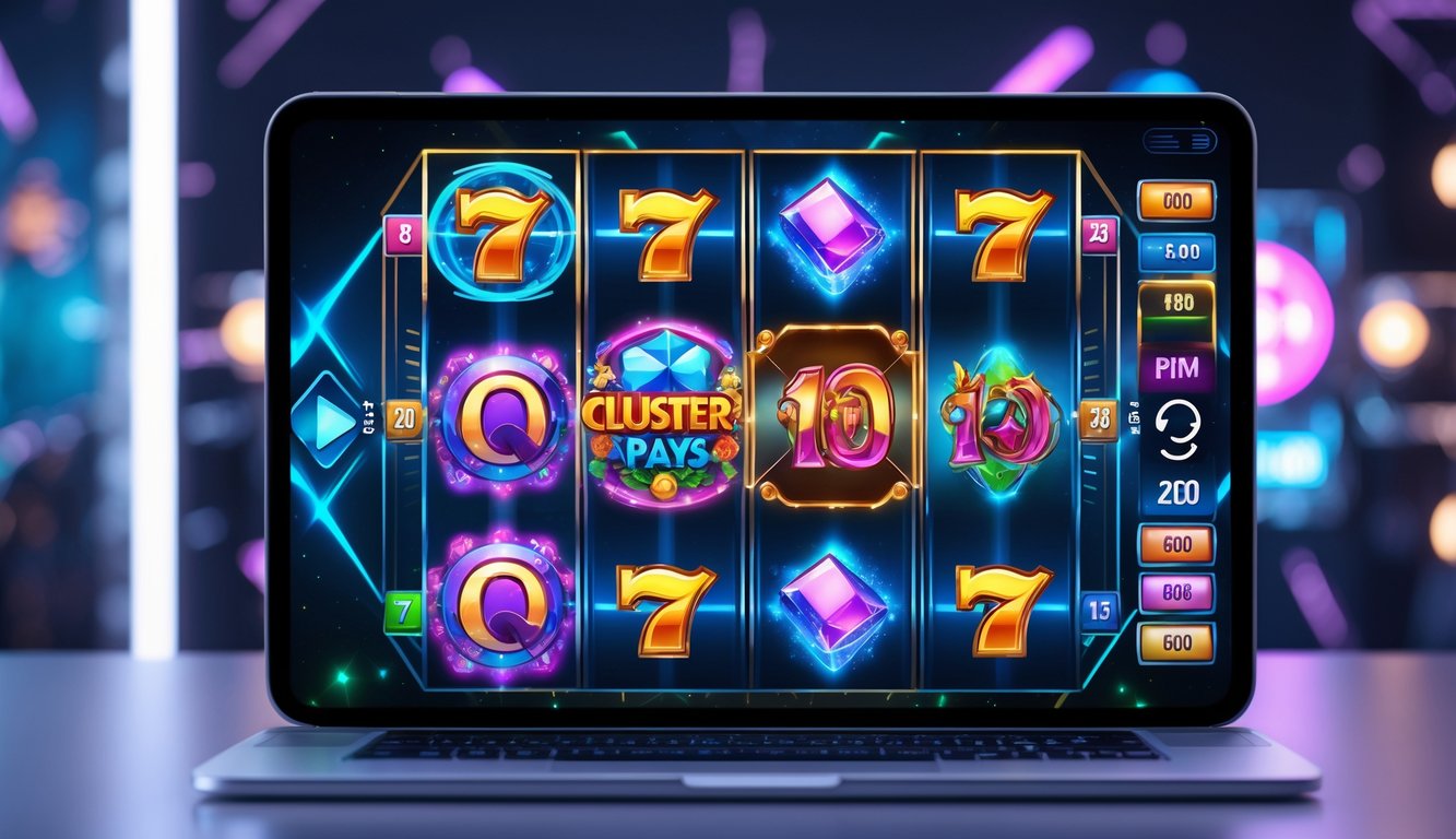 Tampilan layar perangkat dengan permainan slot online modern yang menampilkan gulungan berwarna-warni dan ikon interaktif.