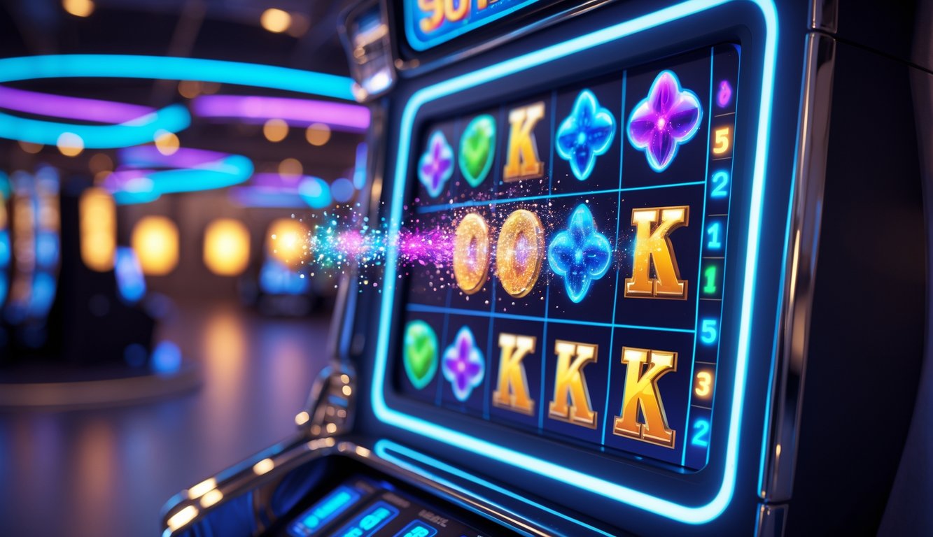 Tampilan antarmuka permainan slot online modern dengan simbol berwarna-warni yang membentuk kelompok pada layar mesin slot digital.