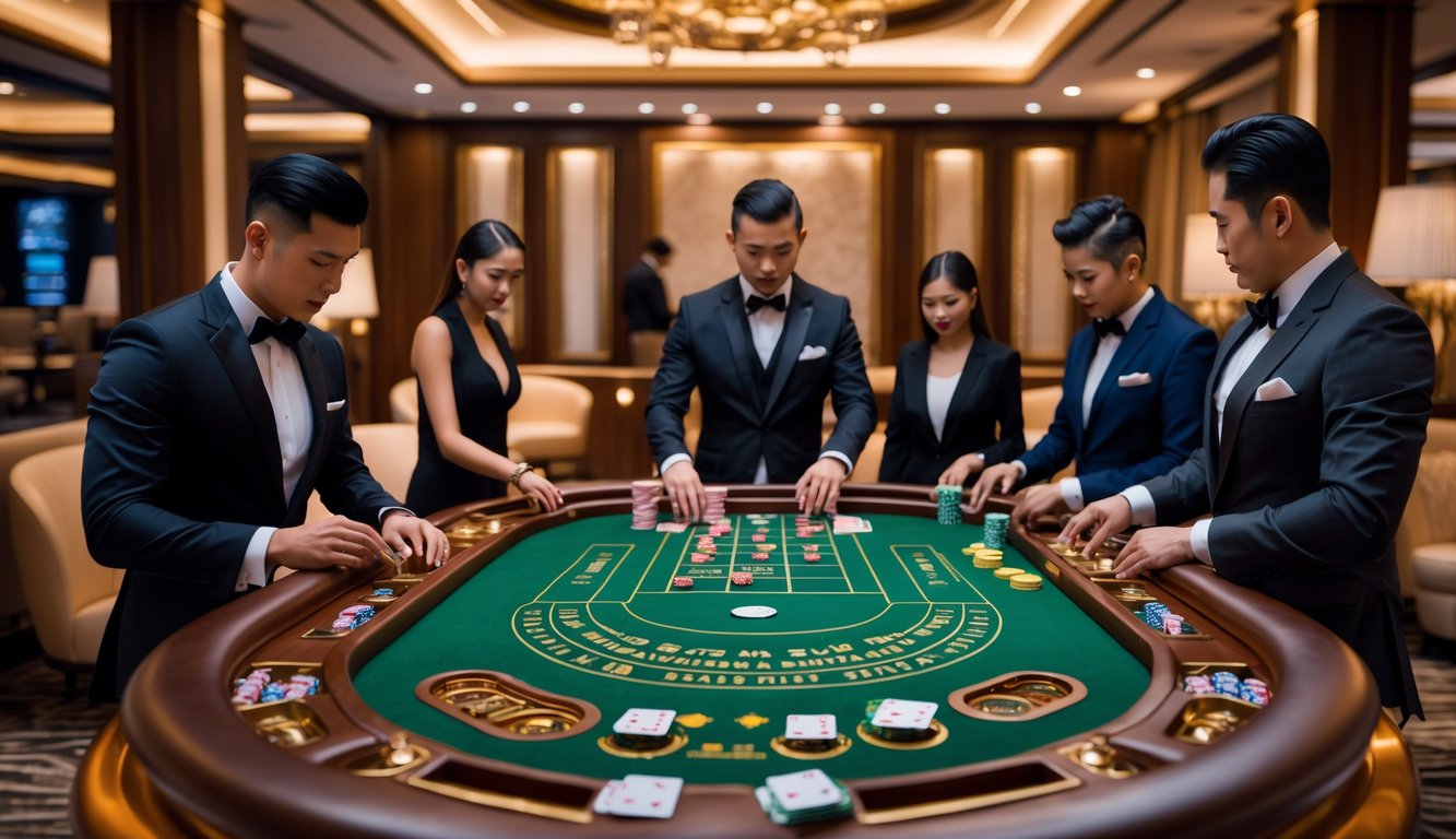 Meja baccarat pribadi mewah dengan pemain berpakaian rapi dan dealer di ruangan eksklusif di kasino Indonesia.