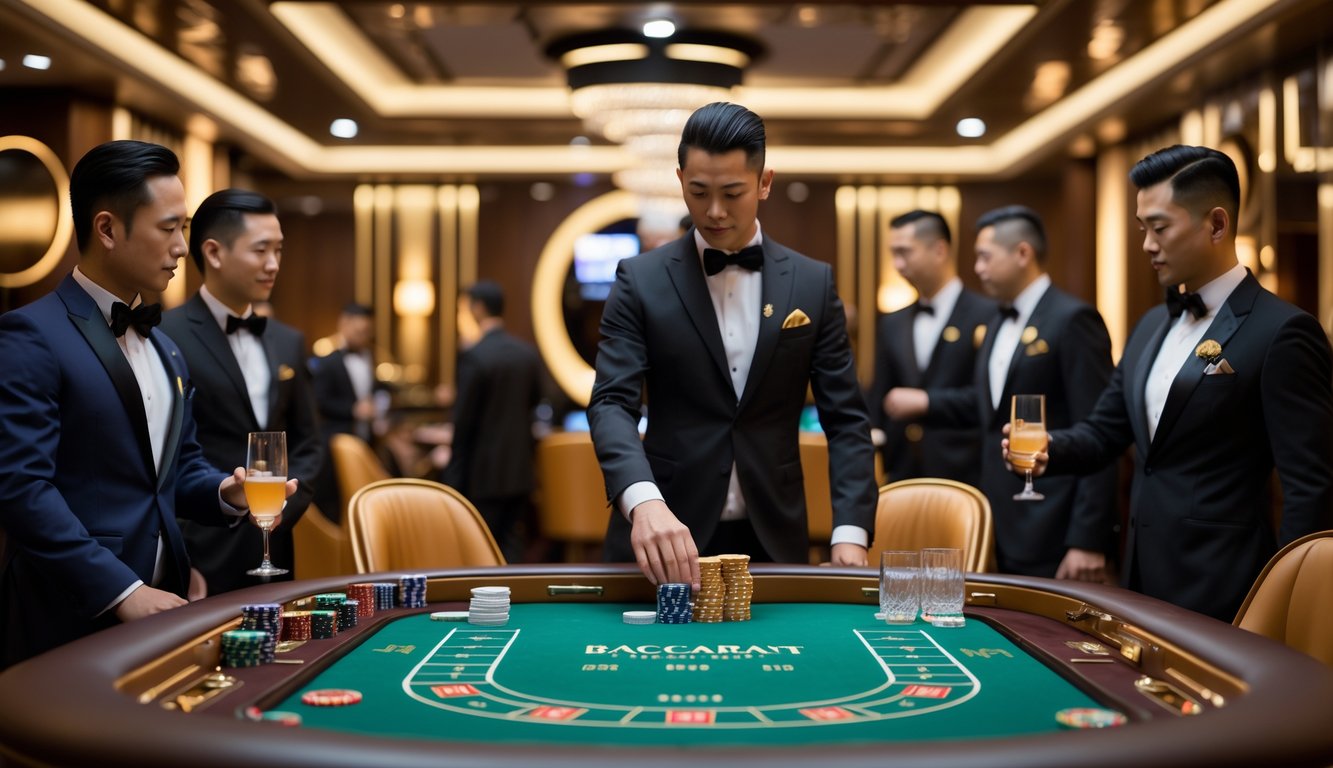 Meja baccarat pribadi dengan pemain berpakaian formal dan dealer di ruang VIP mewah dengan pencahayaan hangat.