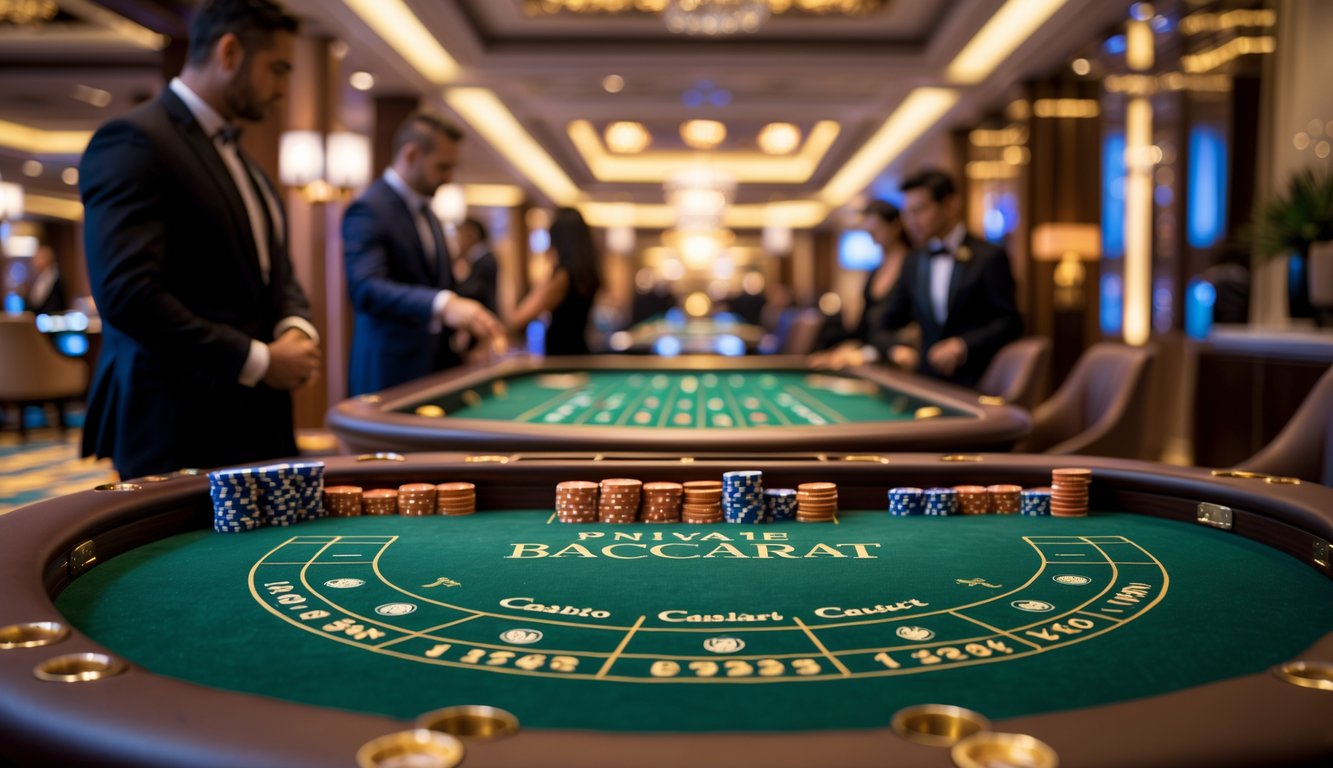 Meja baccarat pribadi mewah dengan kartu dan chip di kasino elegan, menampilkan suasana eksklusif dan mewah.